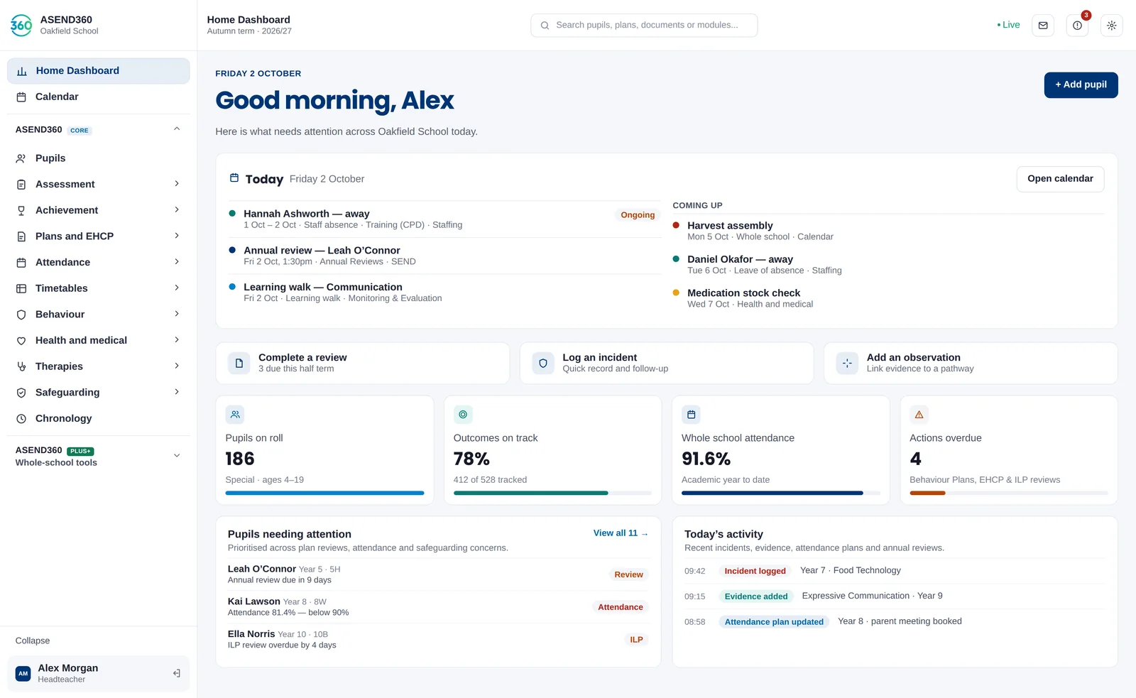 The ASEND360 home dashboard with today&rsquo;s calendar, staff absence, quick actions, and tiles for pupils on roll, outcomes on track, attendance and overdue actions